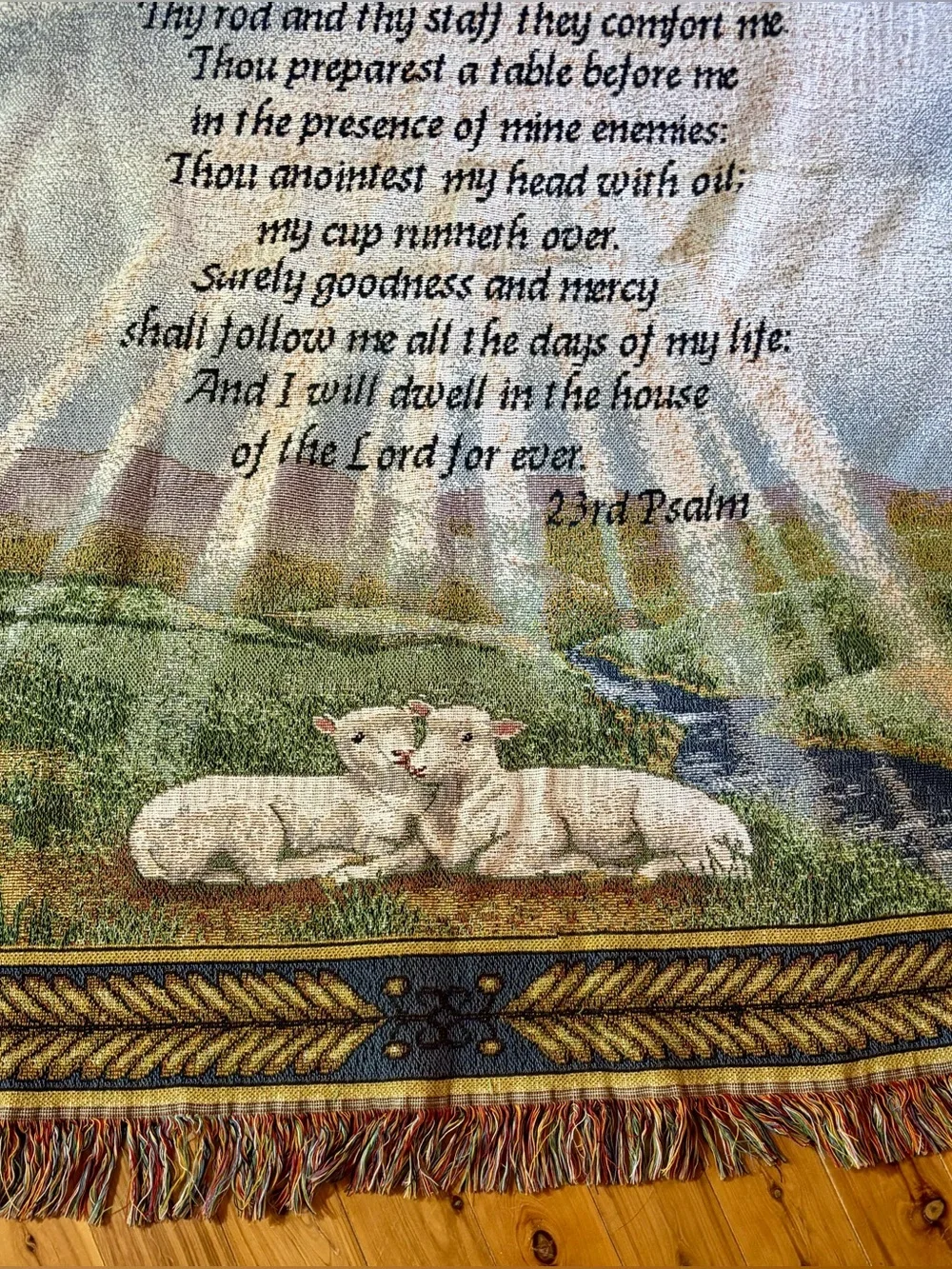 Heavenly Pasture 23rd Psalm Tapestry Afghan 50x60 Cotton Shepherd Sheep Motif